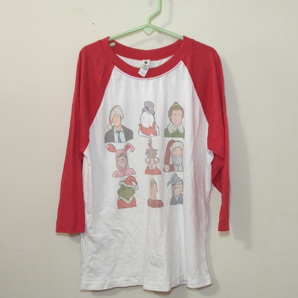 Next Level Iconic Christmas Characters Red + White Raglan Shirt Kids Size L